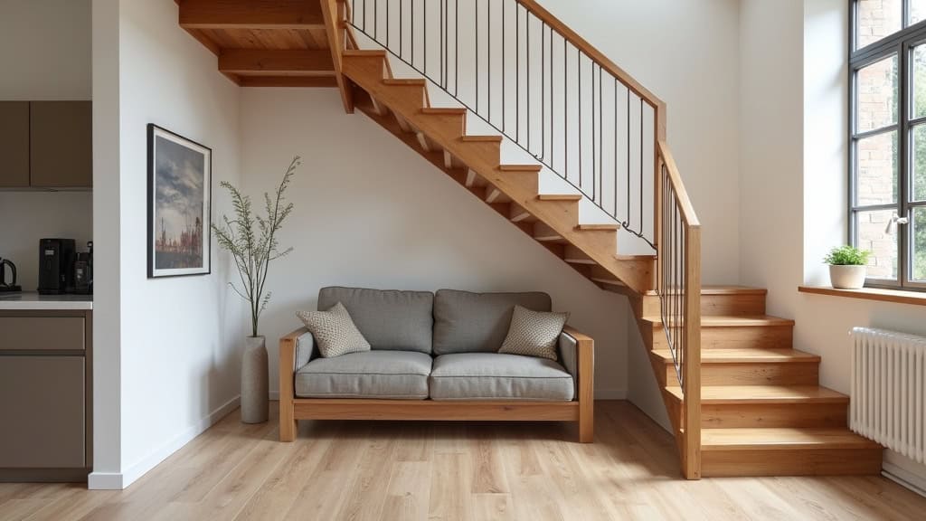 Monte-escalier tournant installé sur un escalier en bois avec virage, dans une maison typique de Mornas, intégré discrètement au design intérieur