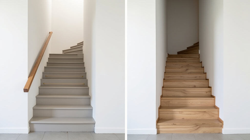 Comparaison avant-après : escalier vide avec barre d’appui à gauche, et mêmes marches avec monte-escalier installé à droite, dans une maison de Mornas