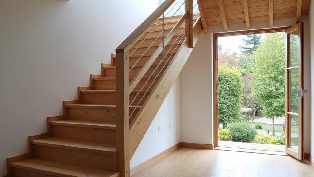 Monte-escalier droit installé sur un escalier en bois dans une maison traditionnelle à Mourenx, avec vue sur le jardin en arrière-plan