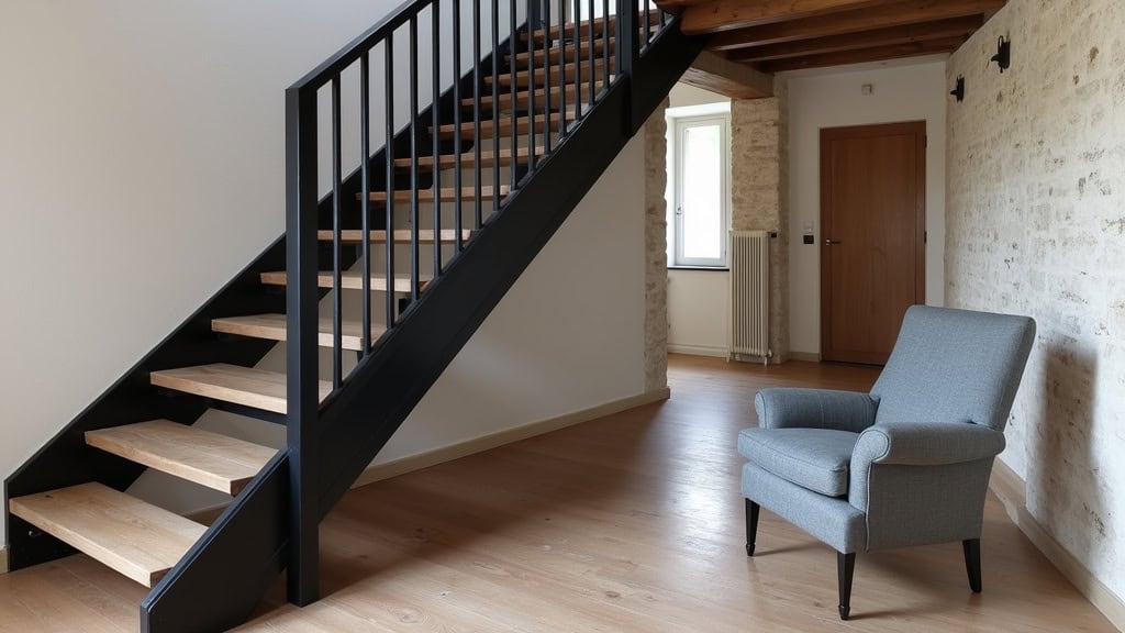Monte-escalier en finition noire et siège gris installé sur un escalier en bois, intégré harmonieusement dans une maison ancienne de Moussy-le-Vieux