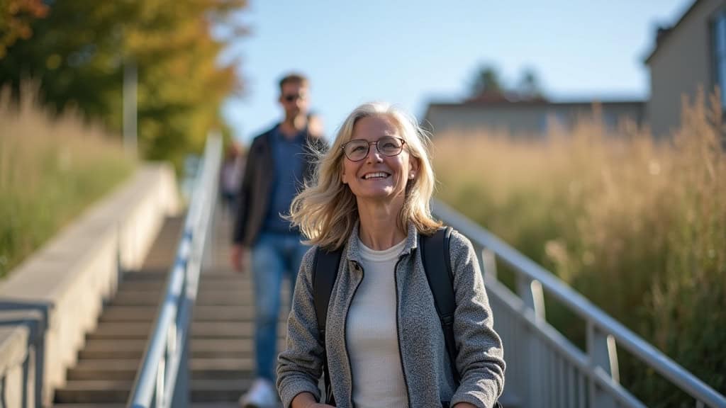 Personne âgée utilisant un monte-escalier à Moussy-le-Vieux, souriante, en train de descendre les marches en toute sécurité