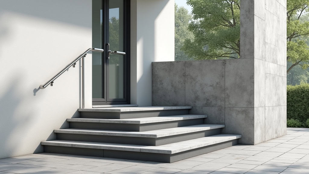 Monte-escalier extérieur installé devant une porte d’entrée surélevée à Mouthe, avec protection contre la pluie et rail en acier inoxydable