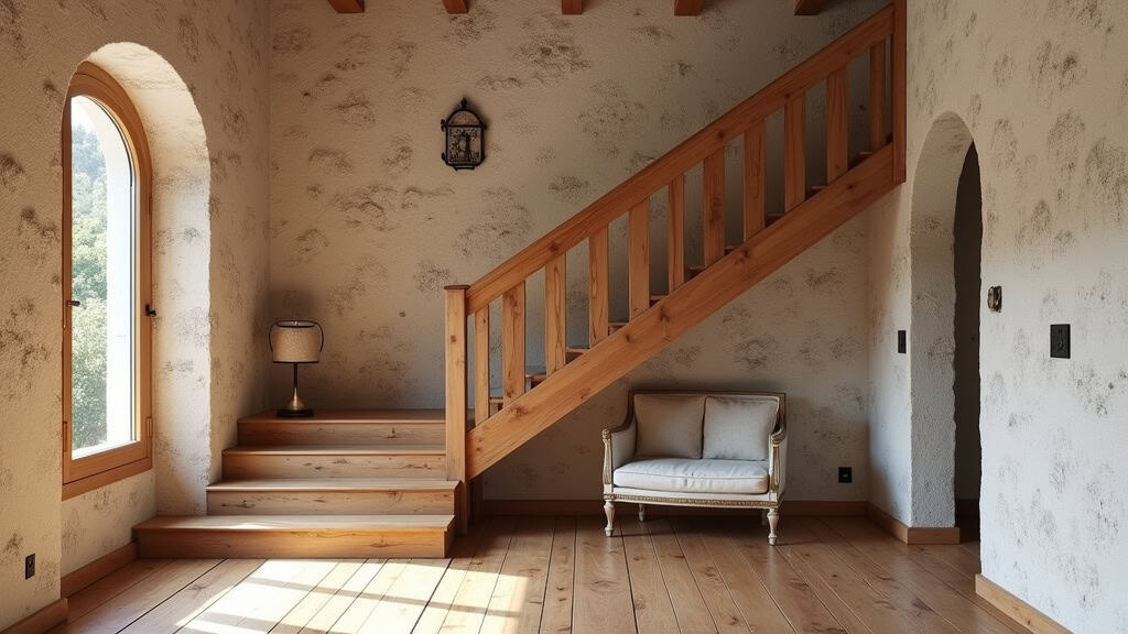 Monte-escalier siège installé dans un escalier en bois de maison traditionnelle à Navarrenx, avec décoration locale et murs en pierre