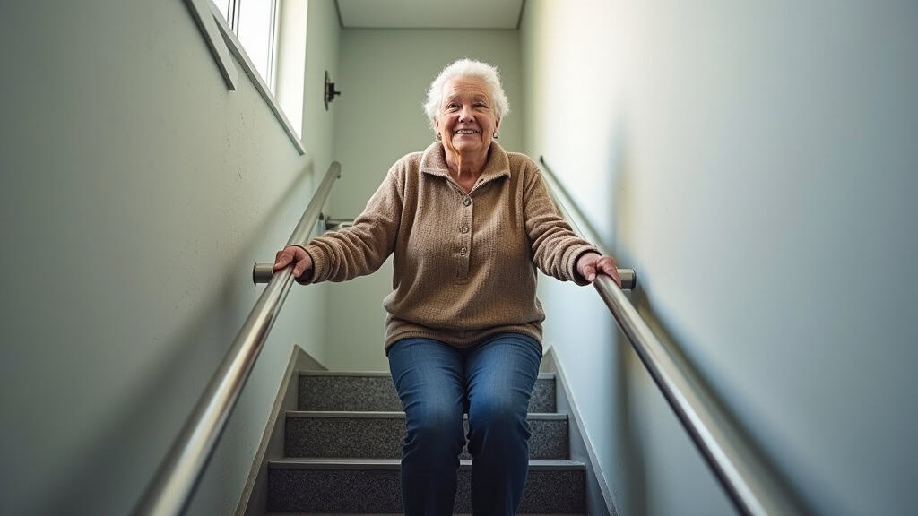 Personne âgée utilisant un monte-escalier siège à Navarrenx, souriante, en train de descendre les marches avec calme et confiance