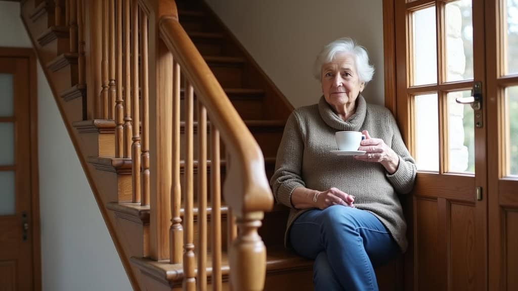 Personne âgée utilisant un monte-escalier à siège en toute sérénité, tenant une tasse de café, dans une maison typique de Neufchâteau avec murs en pierre et boiseries