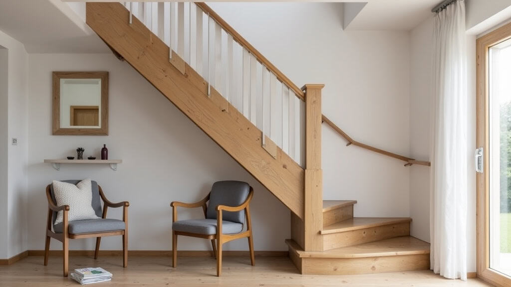 Monte-escalier à siège installé sur un escalier en bois dans une maison traditionnelle de Neufchâteau, avec rail discret et siège en tissu gris