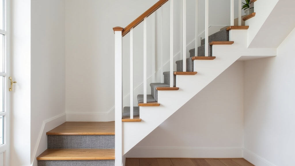 Monte-escalier droit installé sur un escalier en bois dans une maison de Neuilly-sur-Seine, avec siège en tissu gris et rail blanc