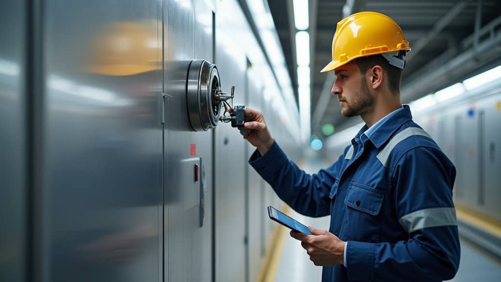 Technicien en train de vérifier le rail et les capteurs d