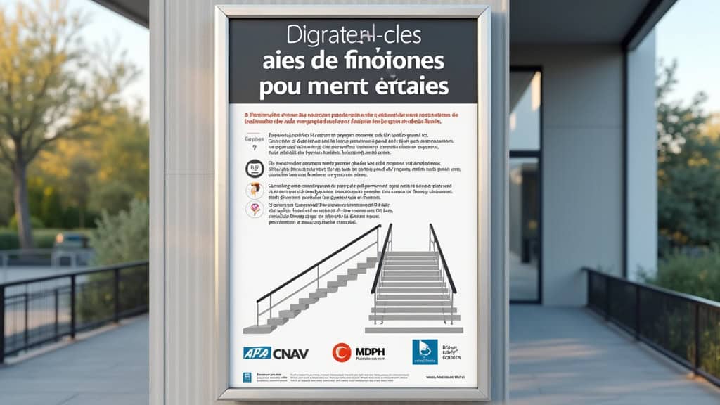 Affiche explicative des aides financières pour monte-escalier affichée à la mairie de Neulliac, avec les logos CNAV, MDPH et APA