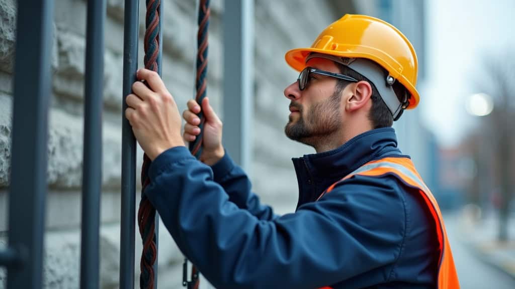 Technicien en tenue professionnelle effectuant un entretien annuel sur un monte-escalier à Neulliac, vérifiant les câbles et les freins