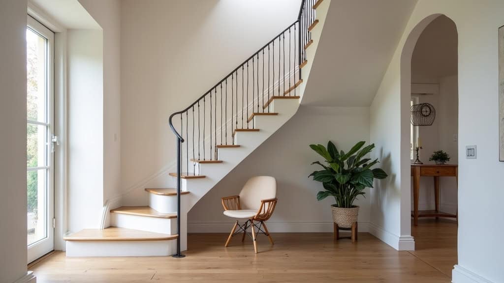 Monte-escalier tournant sur mesure installé sur un escalier en colimaçon dans une maison ancienne de Neulliac, avec un siège personnalisé et un rail précisément adapté