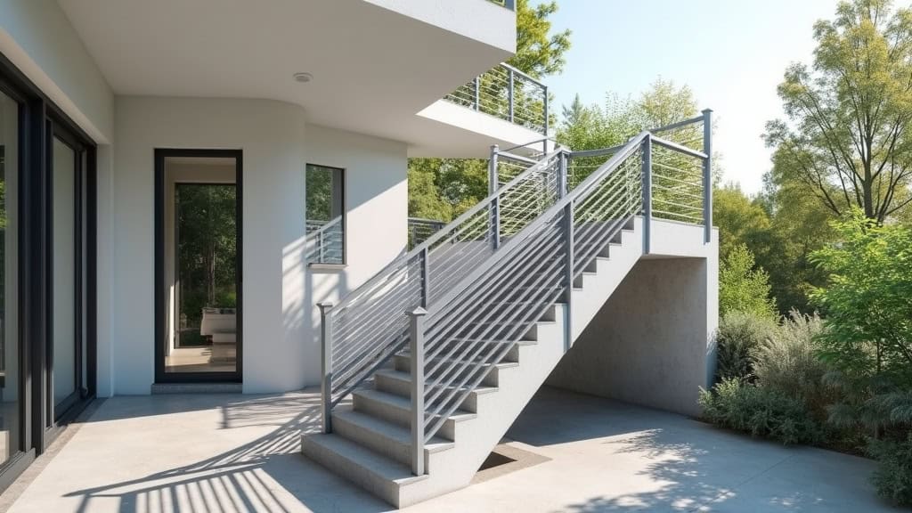 Monte-escalier extérieur installé sur une rampe en béton à Neuvecelle, avec rail blanc et siège gris, reliant le jardin au premier étage.