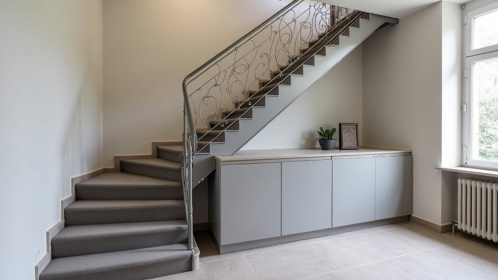 Monte-escalier courbe en acier et tissu gris installé dans un escalier ancien à Neuves-Maisons, design discret et élégant