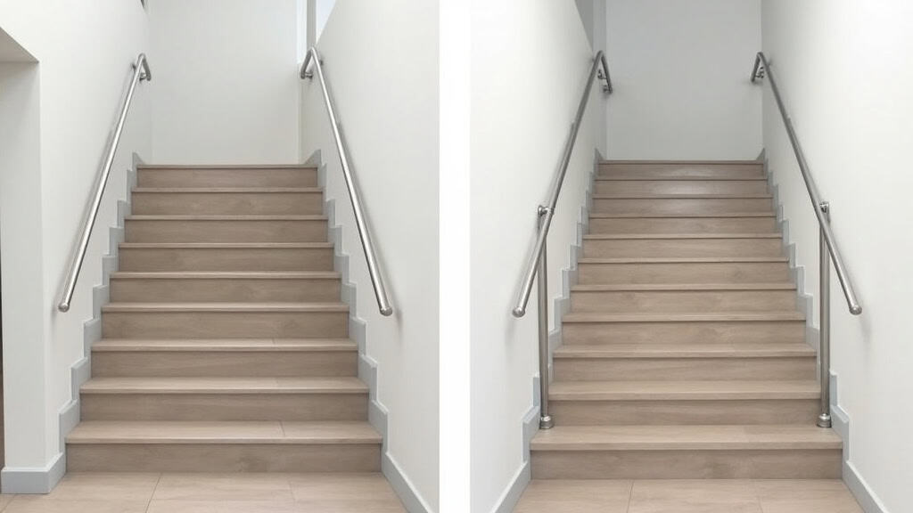 Comparaison d’un escalier à Neuville-en-Ferrain avant et après installation d’un monte-escalier à siège, montrant l’absence d’obstacles et le rail discret