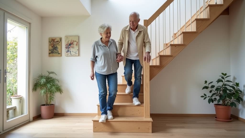 Monte-escalier installé sur un escalier droit dans une maison typique de Neuvy-en-Sullias, avec une famille âgée utilisant l