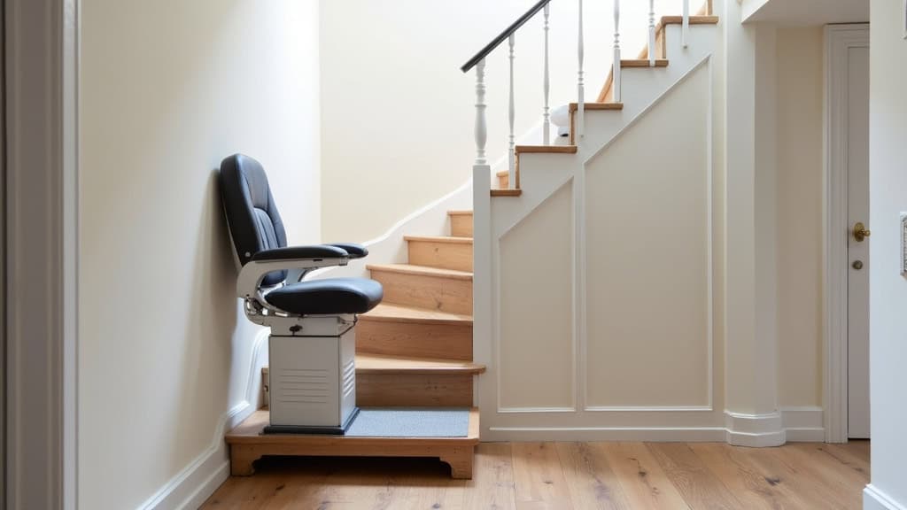 Plateforme monte-escalier avec un fauteuil roulant montant en toute sécurité un escalier tournant dans une maison de Neuvy-en-Sullias, vue latérale