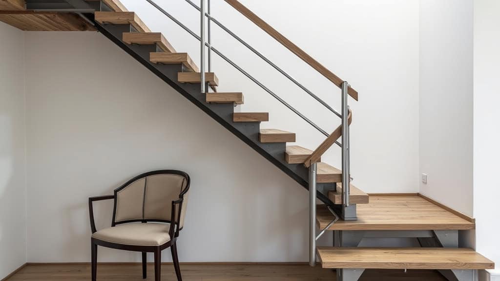 Monte-escalier courbe installé sur un escalier en L dans une maison ancienne de l’Indre, avec rampe en aluminium et siège en tissu