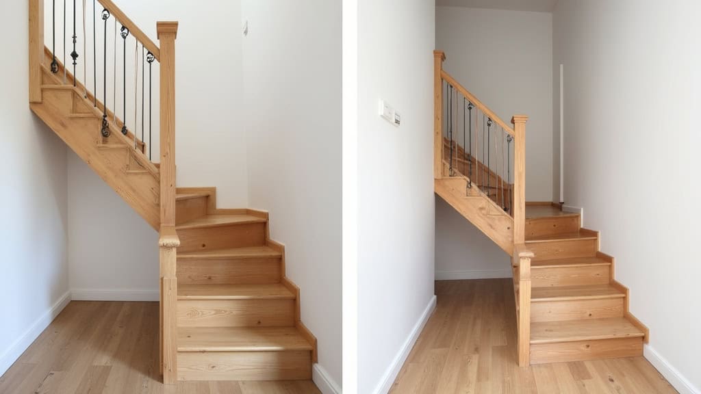 Comparaison avant/après : escalier en bois encombré par des barres d’appui, puis escalier libre avec monte-escalier intégré, chez un habitant de Neydens