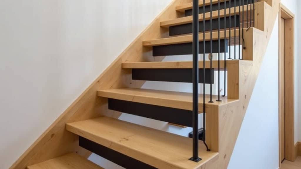 Monte-escalier droit en acier noir, intégré discrètement dans un escalier en bois d