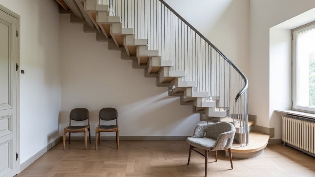 Monte-escalier courbe en acier et aluminium, installé sur un escalier tournant avec palier, dans une maison ancienne de Niderviller