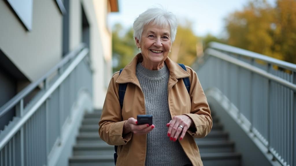 Personne âgée utilisant un monte-escalier à Niderviller, souriante, en train de monter les marches avec une télécommande dans la main