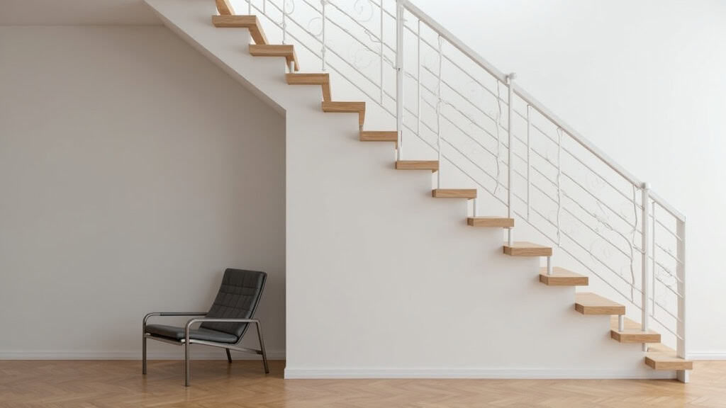 Monte-escalier droit installé dans une maison à Nieul, avec rail blanc et siège gris, intégré harmonieusement à l’escalier en bois
