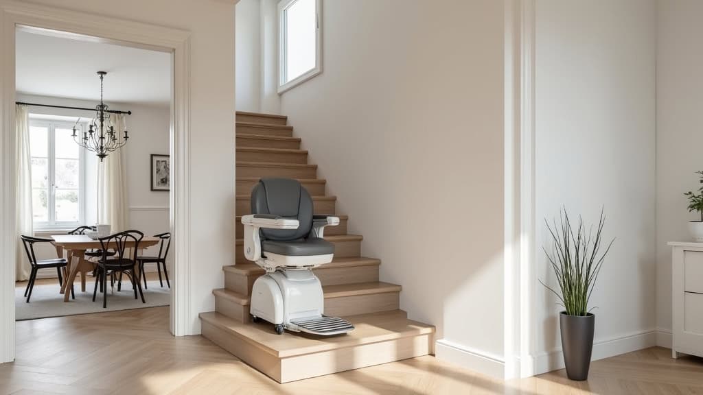Plateforme monte-escalier avec un fauteuil roulant en cours de montée dans une maison de Noiseau, cadre familial et intérieur moderne