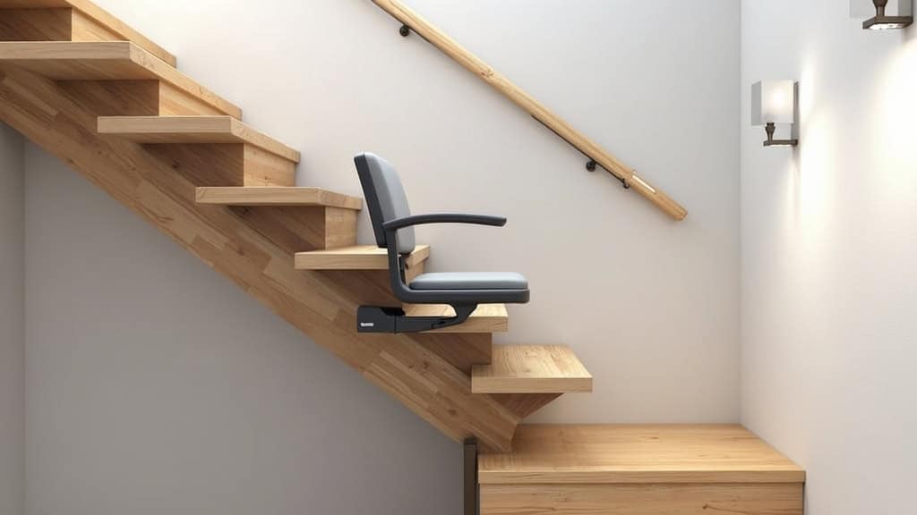 Monte-escalier à siège installé sur un escalier tournant en bois dans une maison de Noisseville, avec rail discret et siège ergonomique en couleur grise