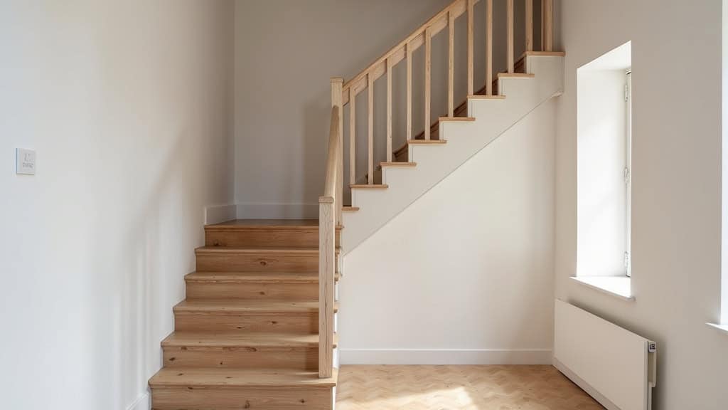 Monte-escalier à siège gris en cours d’installation dans une maison ancienne de Noisseville, escalier en bois clair, murs blancs, éclairage doux, aspect chaleureux et discret