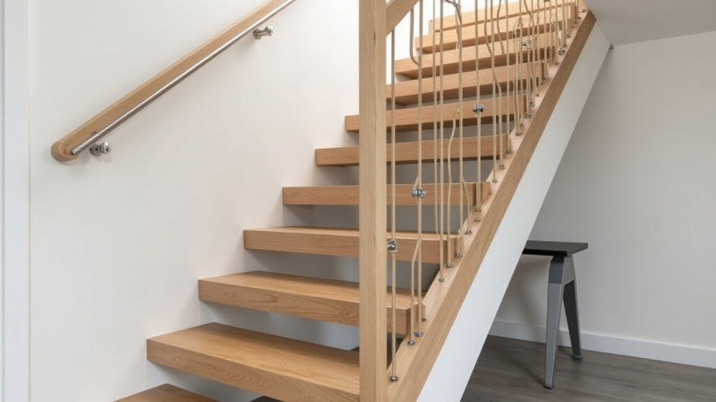 Monte-escalier droit installé sur un escalier en bois dans une maison traditionnelle de Nouvion, avec un siège gris foncé et un rail métallique discret