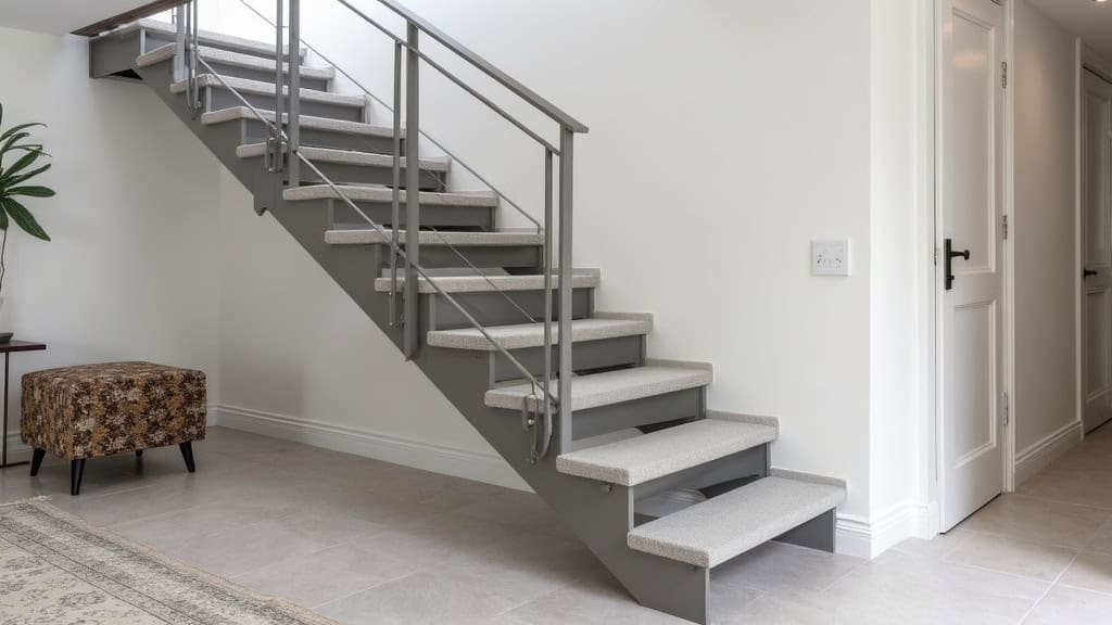 Monte-escalier courbe en aluminium mat dans une maison à Nouzilly, avec siège en tissu gris, intégré harmonieusement dans l