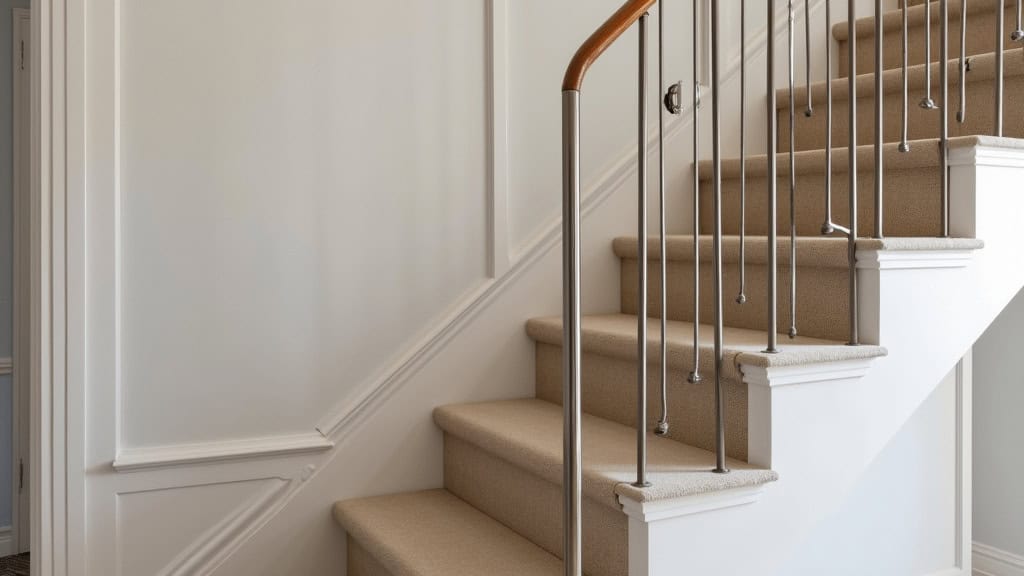Monte-escalier courbe sur mesure dans une maison ancienne de Novillars, adaptée à un escalier avec palier, en aluminium brossé, siège confortable en velours beige