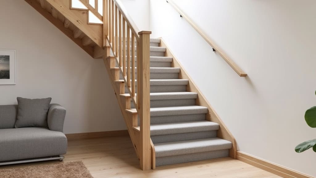 Monte-escalier droit installé dans une maison traditionnelle de Novillars, en bois clair, avec rail fin et siège en tissu gris, intégré discrètement à l