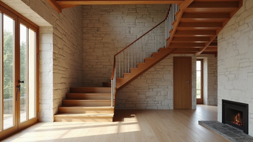 Monte-escalier tournant installé dans une maison de Noyant-de-Touraine avec escalier en bois et façade en pierre, vue de l