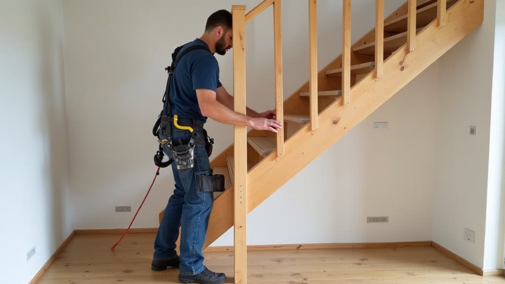 Technicien installant un monte-escalier sur un escalier en bois dans une maison d