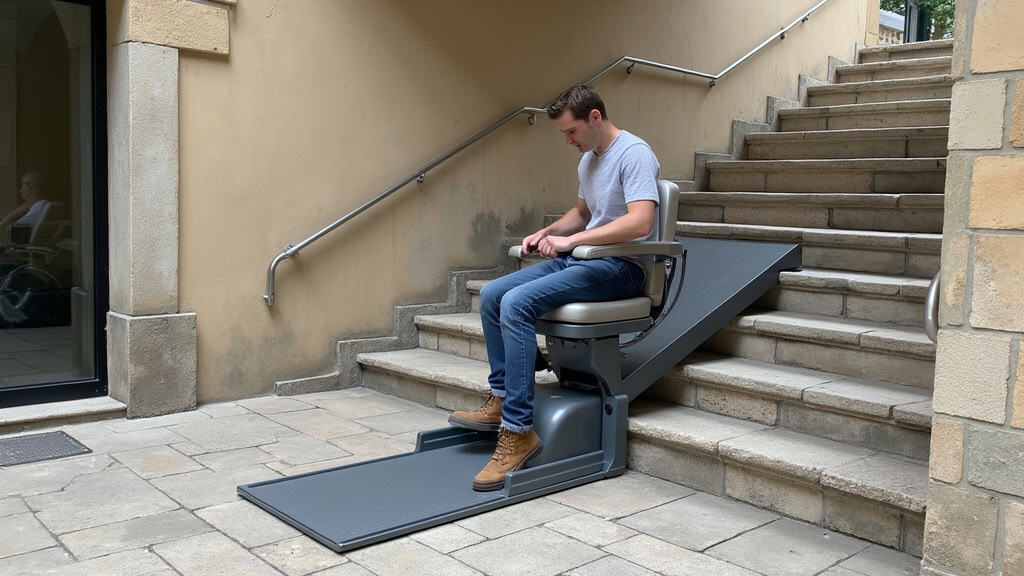 Plateforme élévatrice pour fauteuil roulant installée sur un escalier en pierre à Oloron-Sainte-Marie, avec barrières de sécurité et moteur silencieux