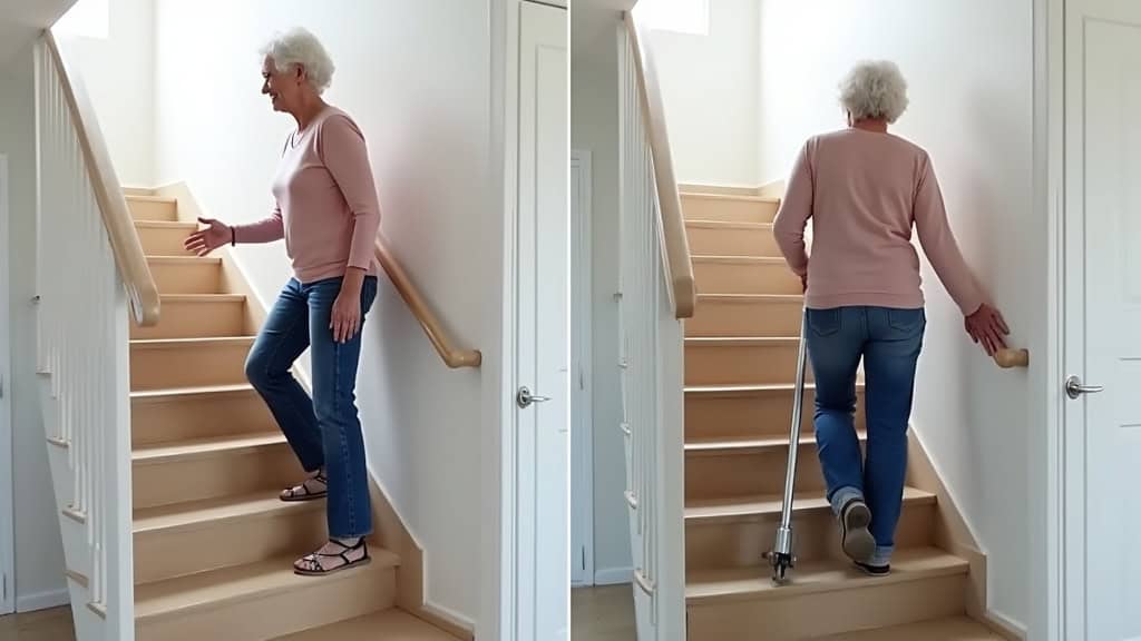 Comparaison avant/après : une personne âgée monte les escaliers sans aide avec un monte-escalier, en comparaison avec une image précédente où elle hésitait à monter les marches