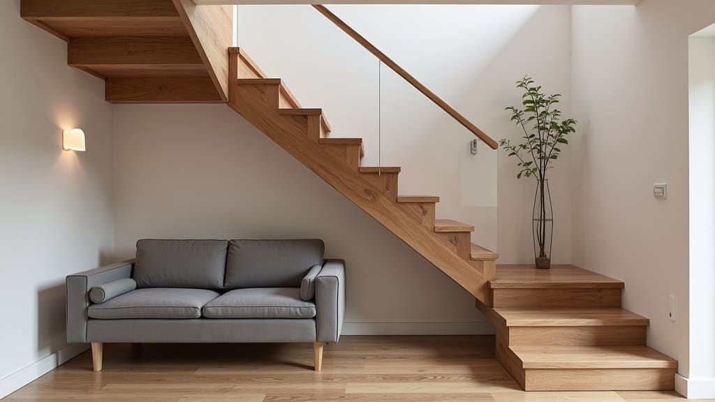 Monte-escalier installé dans un intérieur de maison à Orcier, avec un escalier en bois massif, un siège gris foncé, et un éclairage doux, donne une impression de sécurité et d