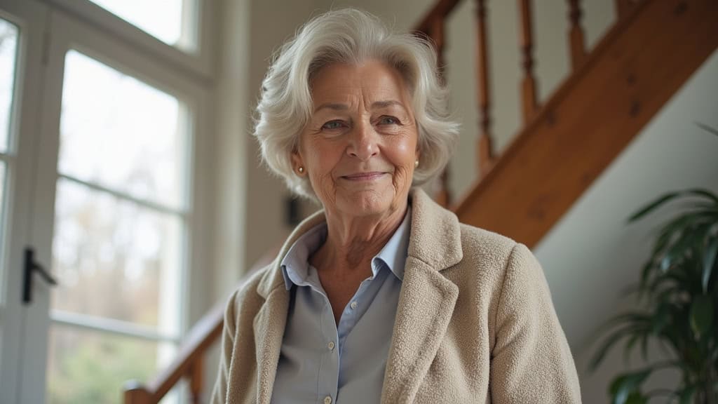 Mme Lefebvre, 78 ans, utilisant un monte-escalier droit dans sa maison d