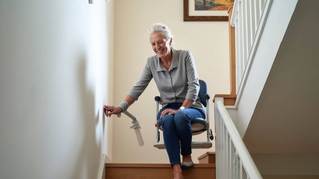 Personne âgée utilisant un monte-escalier à siège pour monter les escaliers dans sa maison à Ormes, souriante, en toute autonomie
