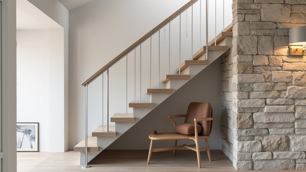 Monte-escalier droit installé dans une maison traditionnelle à Ortaffa, avec un siège en aluminium et un rail discret intégré au mur en pierre