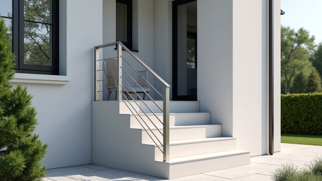 Monte-escalier extérieur installé sur une entrée de maison à Ortaffa, avec un rail en aluminium et un siège protégé des intempéries