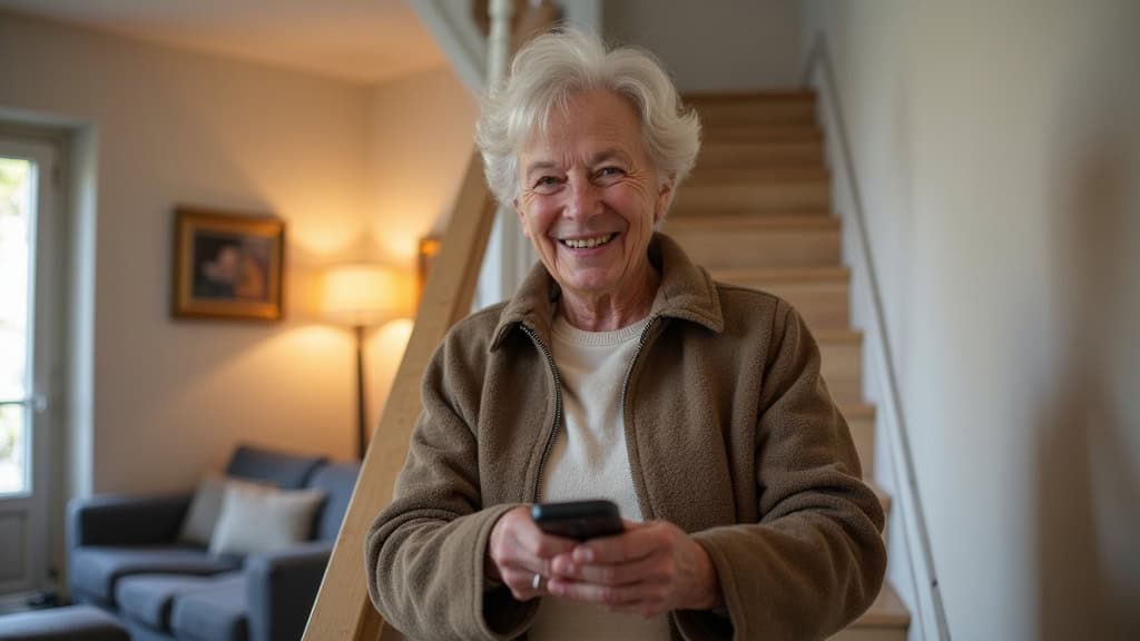 Utilisateur âgé souriant sur un monte-escalier courbe à Oullins-Pierre-Bénite, tenant la télécommande, dans un décor de maison confortable et bien éclairé
