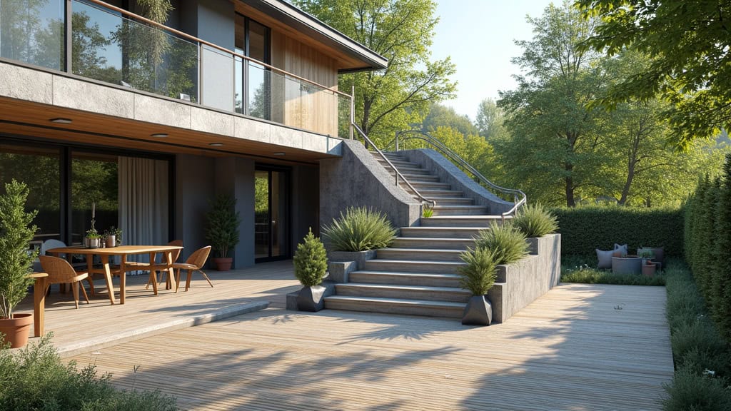 Monte-escalier extérieur en acier inoxydable accédant à une terrasse en bois, vue depuis le jardin à Pajay
