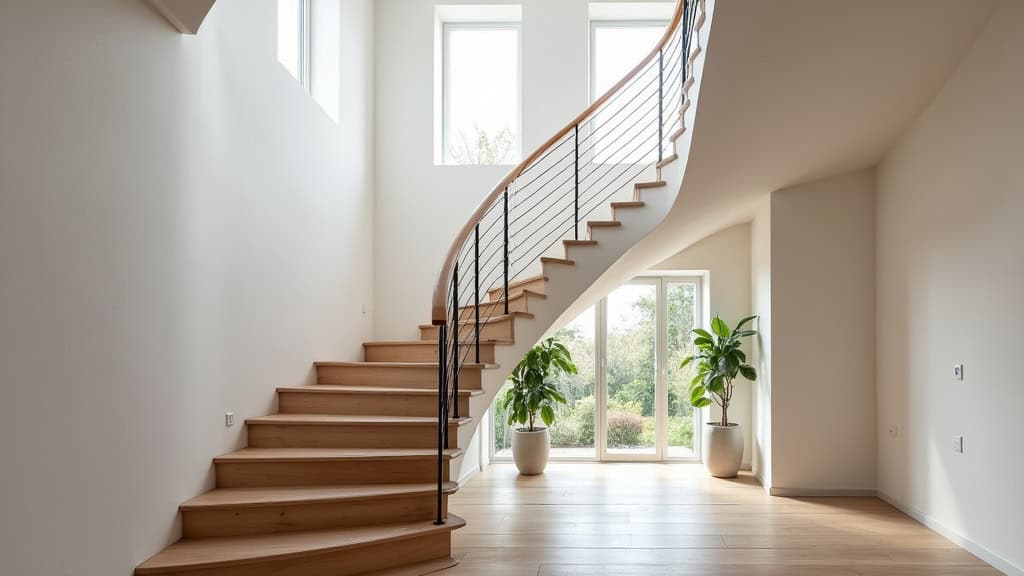 Monte-escalier tournant avec rail courbe sur un escalier en colimaçon, vue intérieure d’une maison à Pajay