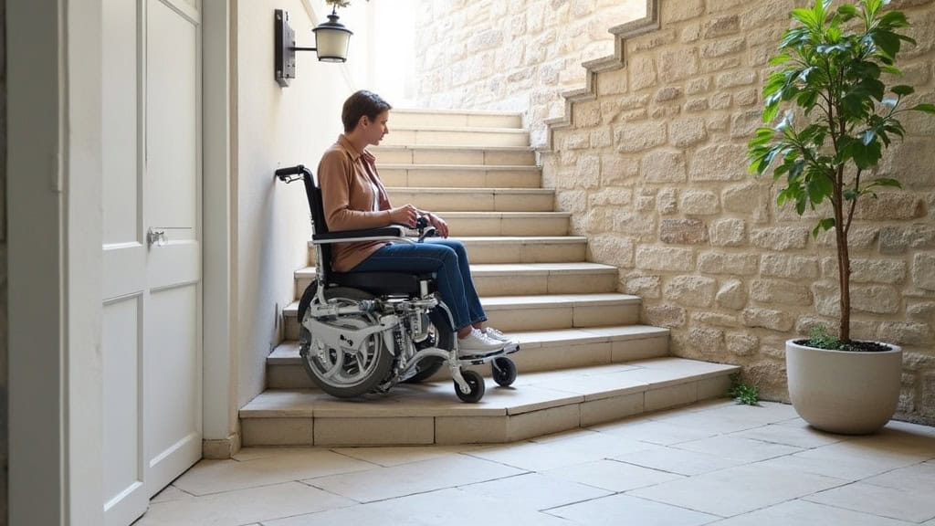 Plateforme élévatrice pour fauteuil roulant installée sur un escalier en pierre à Parigné, avec une personne en fauteuil qui monte tranquillement