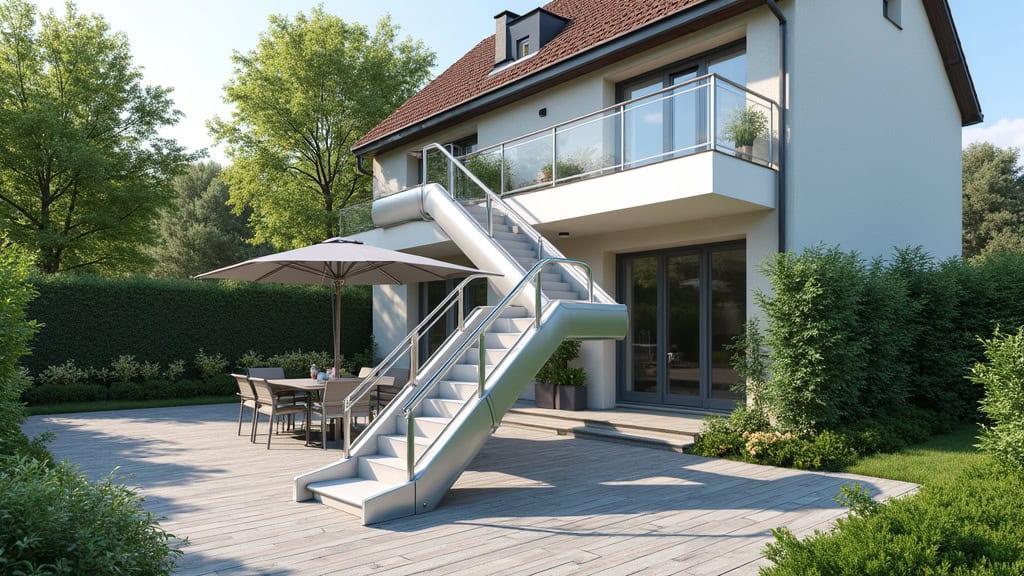 Monte-escalier extérieur à Pédernec pour accéder au jardin, avec protection anti-pluie et glissière en aluminium