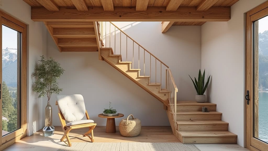 Monte-escalier droit installé sur un escalier en bois dans une maison typique de Peillonnex, avec vue sur les montagnes en arrière-plan