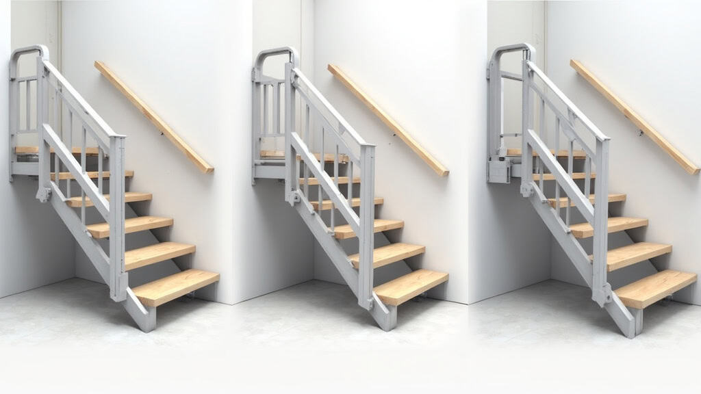 Comparaison visuelle de trois monte-escaliers : Sommer, Liftomatic et Otolift, installés sur des escaliers différents à Penne-d