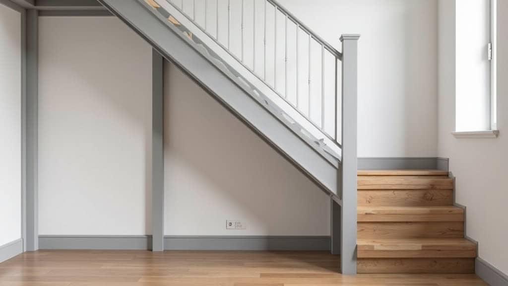 Monte-escalier droit installé sur un escalier en bois dans une maison typique de Péronnas, couleur gris clair, siège ergonomique, rail discret